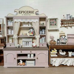 Dollhouse Miniature Grocery Store Display Ki 8 A miniature grocery store display for dollhouses with detailed wallpaper.
