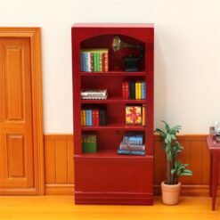 Slim miniature cabinet with four shelves in unpainted, white, and red finishes