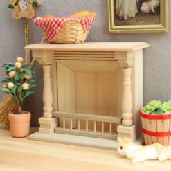 Miniature dollhouse fireplace with detailed wooden columns and natural finish