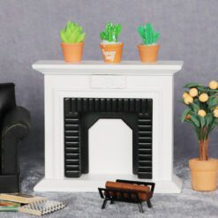 White Scandinavian style dollhouse fireplace with black interior and floral motif