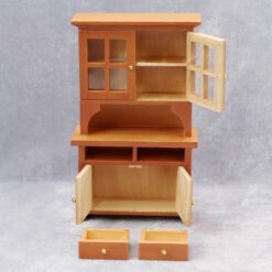 Miniature dollhouse hutch with glass-paneled doors and drawers
