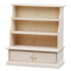 Unfinished wooden display cabinet with shelves and drawers for dollhouses.