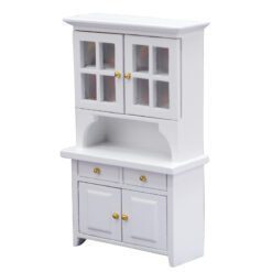 Miniature white hutch cabinet with glass doors and storage compartments.