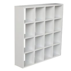 16-grid miniature shelving unit available in black and white finishes.