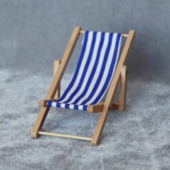 Miniature Striped Beach Chairs Set – Red, Blue, Green, Yellow 9 Set of four miniature beach chairs with striped fabric in red, blue, green, and yellow for dollhouses.
