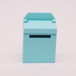 Green miniature mailbox for dollhouse outdoor scenes, with a functional letter slot.