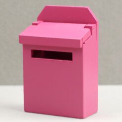 Pink miniature mailbox for dollhouse outdoor scenes, with a functional letter slot.