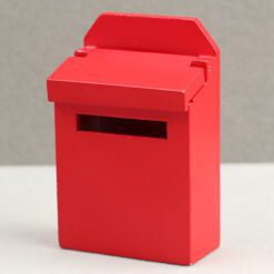 Red miniature mailbox for dollhouse outdoor scenes, with a functional letter slot.