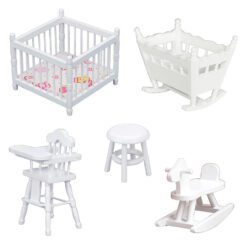 Miniature nursery furniture set including crib, cradle, high chair, and more.