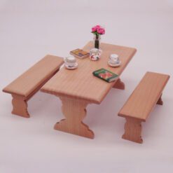 Miniature wooden dining table with two benches