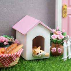 Miniature dog house model with Pink roof and white walls