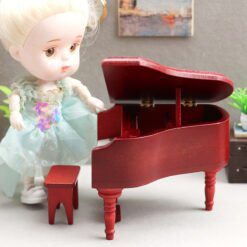 Set of miniature grand pianos in white, black, and red, complete with a matching piano bench for dollhouses.