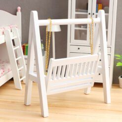 Miniature Wooden Swing with Golden Chains, 1/12 Scale Dollhouse Furniture 11 Miniature swing with a white frame and golden chains