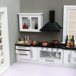 Miniature Kitchen Furniture Set with Cabinets and Stove 15 Miniature kitchen furniture set with stove, cabinets, sink, and range hood for dollhouses.