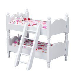 Miniature white bunk bed with a ladder, perfect for dollhouse bedrooms.