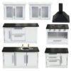 Miniature kitchen furniture set with stove, cabinets, sink, and range hood for dollhouses.
