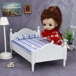Miniature single wooden bed with floral bedding for dollhouse