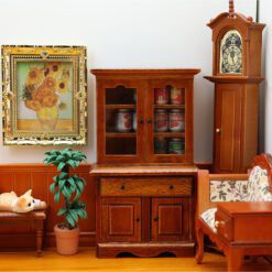 Miniature wooden storage cabinet with shelves and drawers for dollhouses.