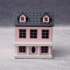 Miniature dollhouse in pastel colors with openable doors and roof, designed for 1/12 scale.