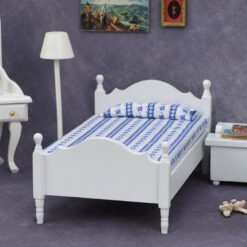Miniature single wooden bed with floral bedding for dollhouse