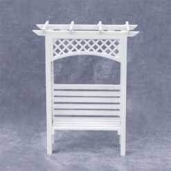 White miniature garden arbor with slatted bench, perfect for dollhouse outdoor scenes.