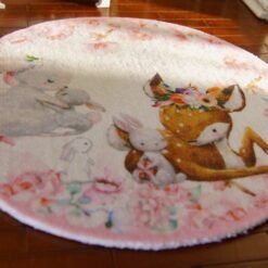 Cute Deer and Rabbit Babies Miniature Rug for Nursery 8 A soft, pastel-colored miniature rug featuring a deer and baby rabbits surrounded by flowers.