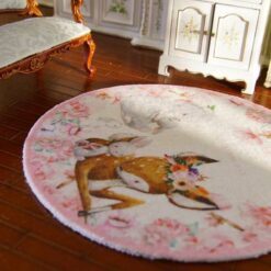 Cute Deer and Rabbit Babies Miniature Rug for Nursery 10 A soft, pastel-colored miniature rug featuring a deer and baby rabbits surrounded by flowers.