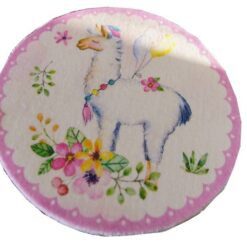 A whimsical miniature rug with an alpaca, flowers, and balloons