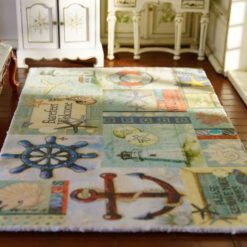 Miniature coastal rug featuring nautical elements like anchors, lighthouses, and starfish in pastel tones.