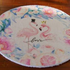 Flamingo Love Floral Miniature Rug – Tropical Elegance 12 A round rug with two flamingos surrounded by pastel flowers and a