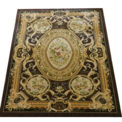 French Aubusson Floral Miniature Rug 10 French Aubusson miniature rug with floral medallions and gold scroll designs on a dark brown background.
