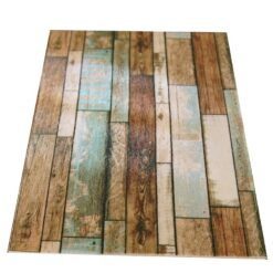Miniature modern wooden floor rug with brown, blue, and green tones, featuring a distressed wood pattern.
