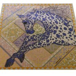 Miniature rug with a running horse design in purple, yellow, and pink tones with intricate detailing.