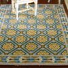 Geometric pattern miniature dollhouse rug with gold medallions on blue background
