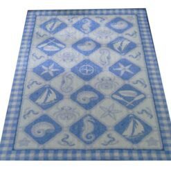 Blue and white nautical themed miniature dollhouse rug with sea motifs Main Colors: Blue, white, cream