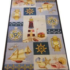Miniature dollhouse rug with nautical symbols and lighthouse design