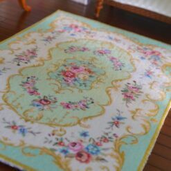 Victorian Style Miniature Rug - Soft Turquoise Floral Design 8 Victorian style miniature rug in turquoise with floral accents and ornate detailing
