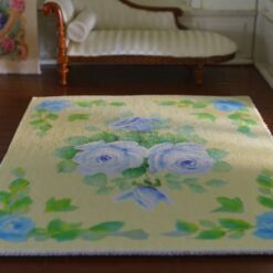 Soft Yellow Blue Rose Floral Miniature Rug 8 Yellow background miniature rug with blue roses and green leaves
