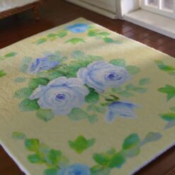Soft Yellow Blue Rose Floral Miniature Rug 10 Yellow background miniature rug with blue roses and green leaves