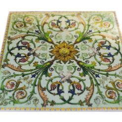 Green Sunflower and Birds Miniature Rug 8 Green miniature rug with sunflower medallion, birds, and swirling floral vines, perfect for nature-inspired dollhouses.