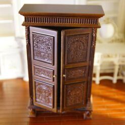 Victorian-style carved armoire in mahogany for dollhouse bedrooms.