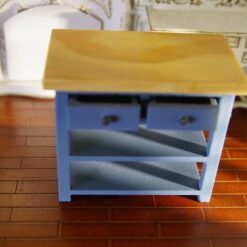 Blue miniature kitchen island with a wooden top and open shelves.