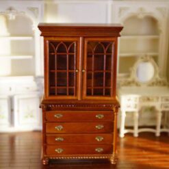 Miniature hutch with glass doors and a polished wood finish.