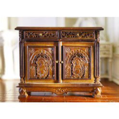 Victorian miniature cabinet with ornate carvings and walnut finish