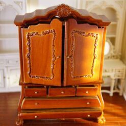 Mahogany Victorian wardrobe for dollhouses with intricate carvings