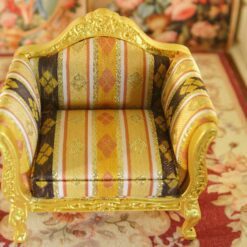 Golden Rococo-style miniature armchair with striped upholstery