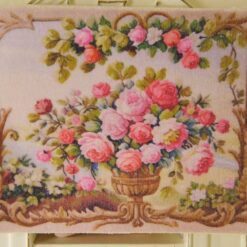 Romantic Floral Arrangement 9 Romantic floral arrangement with roses and vines in a golden vase, a miniature Aubusson tapestry.
