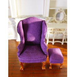Victorian miniature wingback chair with purple upholstery and ottoman