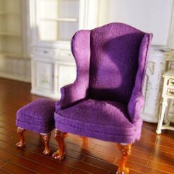 Victorian miniature wingback chair with purple upholstery and ottoman