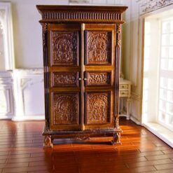 Victorian-style carved armoire in mahogany for dollhouse bedrooms.